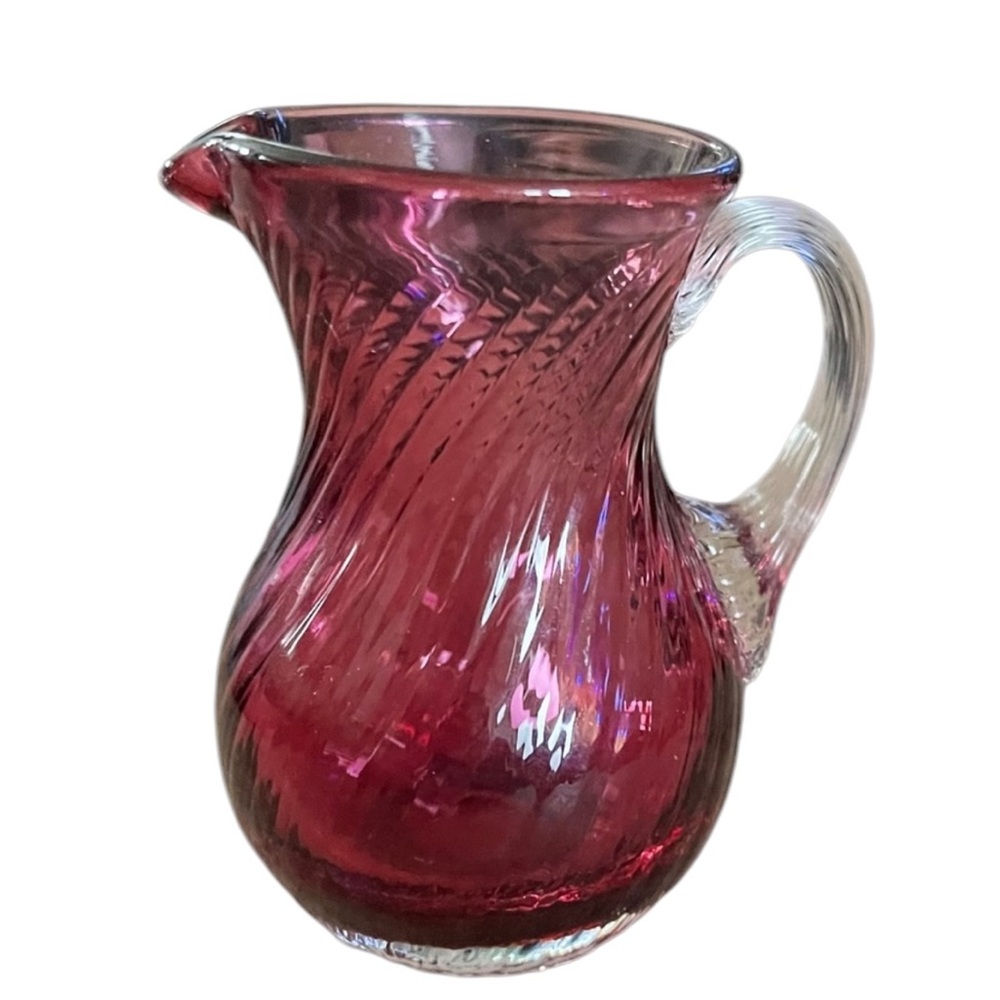 Vintage Fenton 4.5" Cranberry Glass Pitcher Creamer Clear Textured Handle